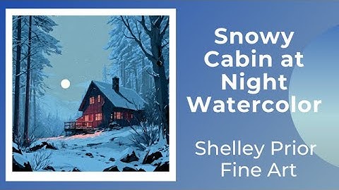 Snowy Cabin at Night in Watercolor