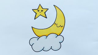 رسم قمر هلال و نجمة، رسم كیوت للاطفال، Draw a crescent moon and star