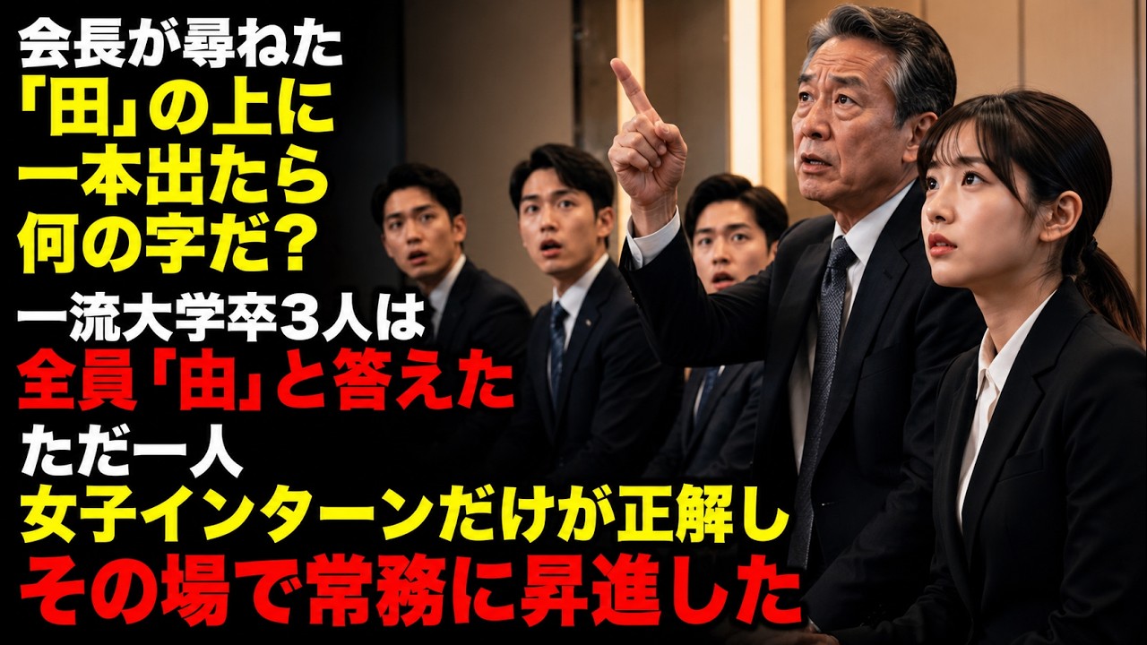 会長が尋ねた「田」の上に一本出たら何の字だ?一流大学卒3人は全員「由」と答えたただ一人 女子インターンだけが正解しその場で常務に昇進した
