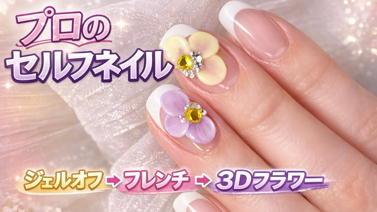3Dアートお花 プロのセルフネイル💅】ジェルオフ→フレンチ→3Dフラワー完成まで