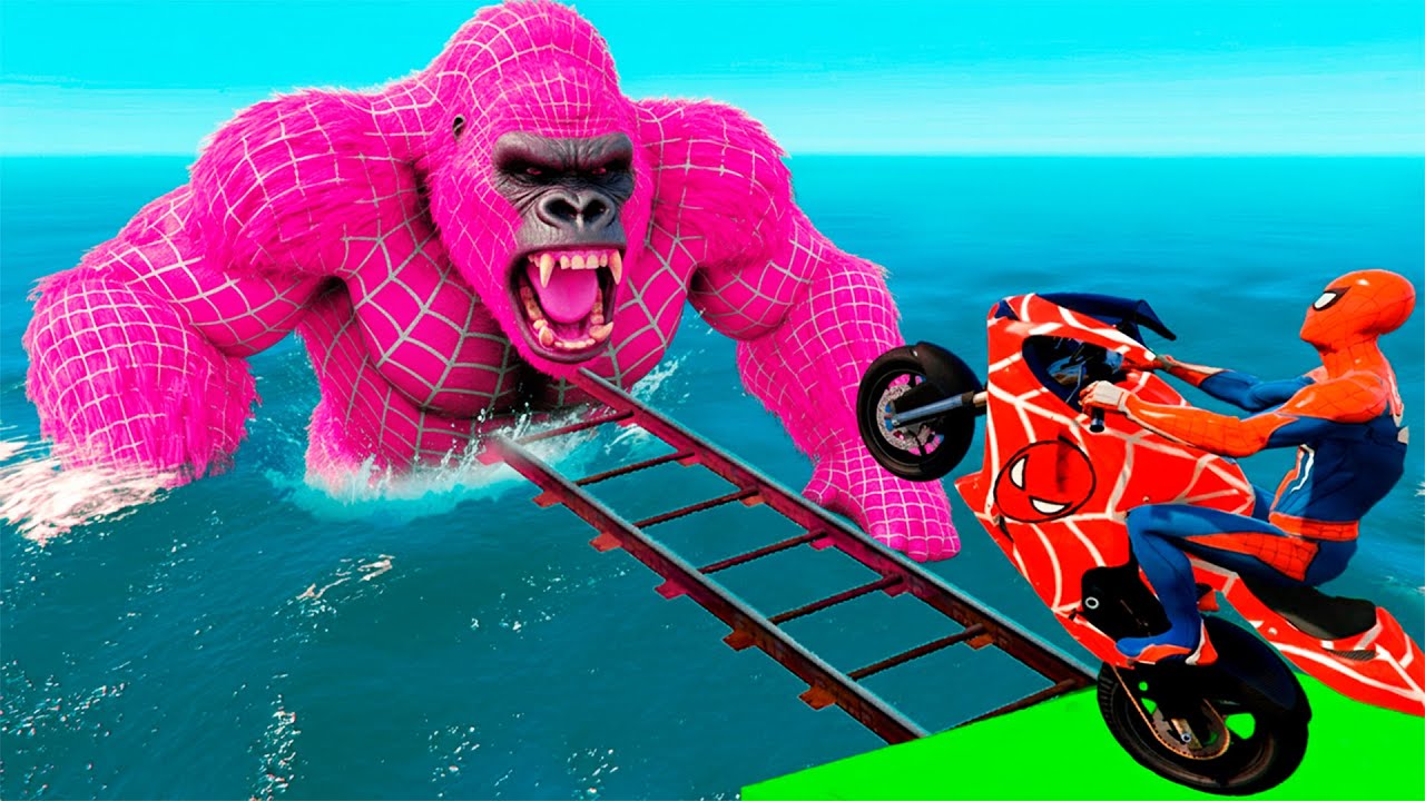 GTA 5 Epic Stunt Race | SPIDER-MAN vs COLORED SPIDER SHARK on Motorcycle in SPIRAL RAILS BRIDGE