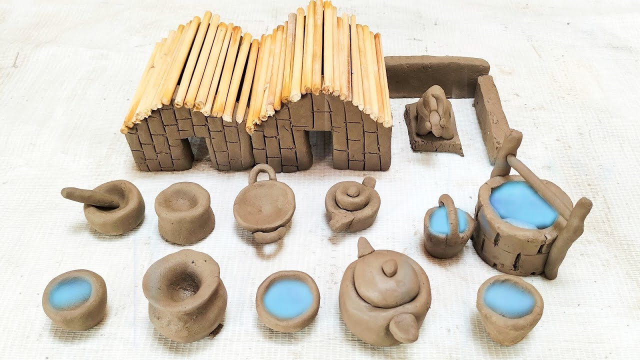 DIY how to make polymer clay mini water well | how to make kitchen set | Diy how to make cow shed