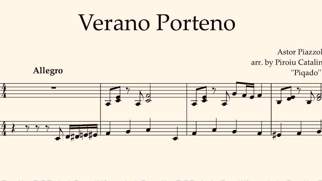 Verano Porteño (Summer) Astor Piazzolla arr. by Piqado Solo Piano Sheet Music Video Intermediate 