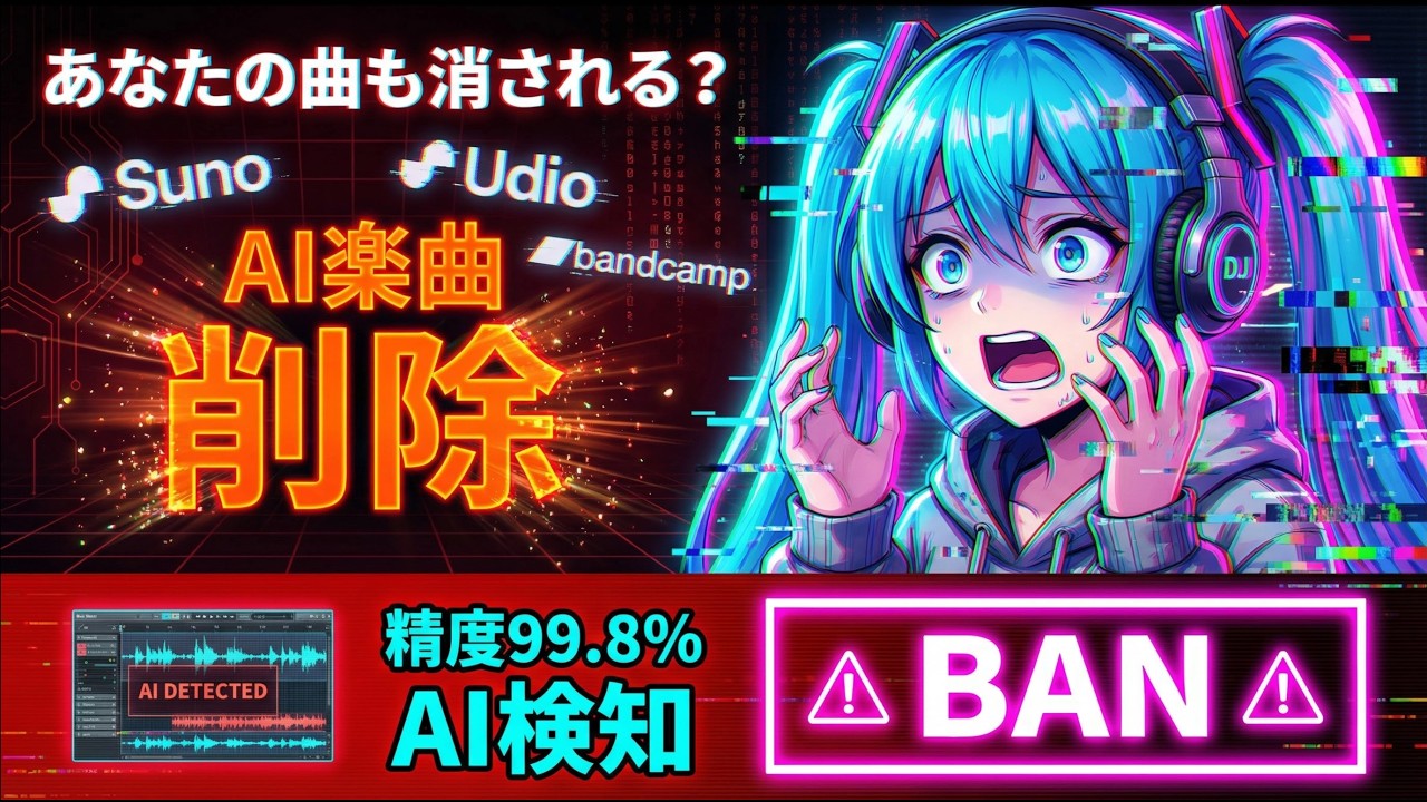 【AI音楽大粛清】あなたの曲も消される？｜脅威の精度99.8%のAI検知でSuno・Bandcamp一斉BAN【1日6万曲以上】