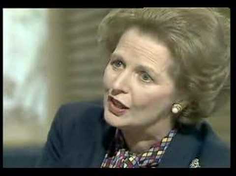 Margaret Thatcher defends the sinking of the Belgrano during the Falklands War interviewed by David Frost on TVAM. There was controversy because it was revealed the belgrano was apparently sailing away from the UK imposed 'exclusion zone' around the Falkland Islands when sunk