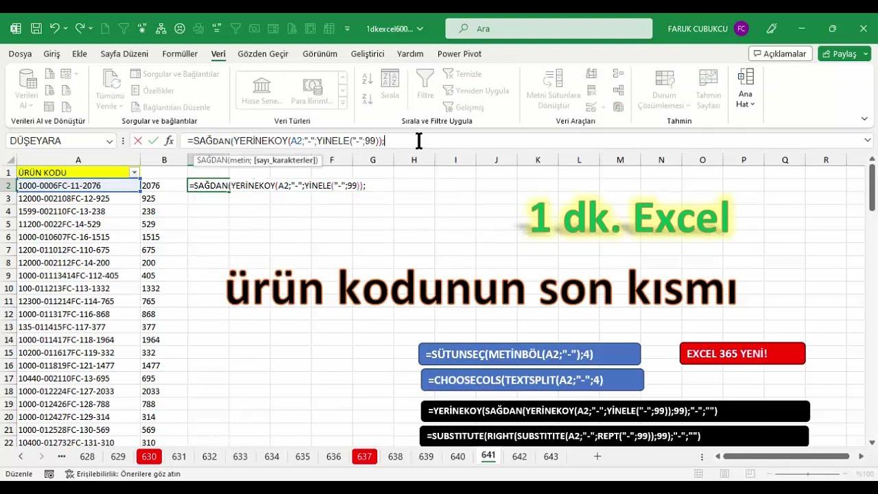 Excel 1 Dakika - Ürün kodunun son kısmı