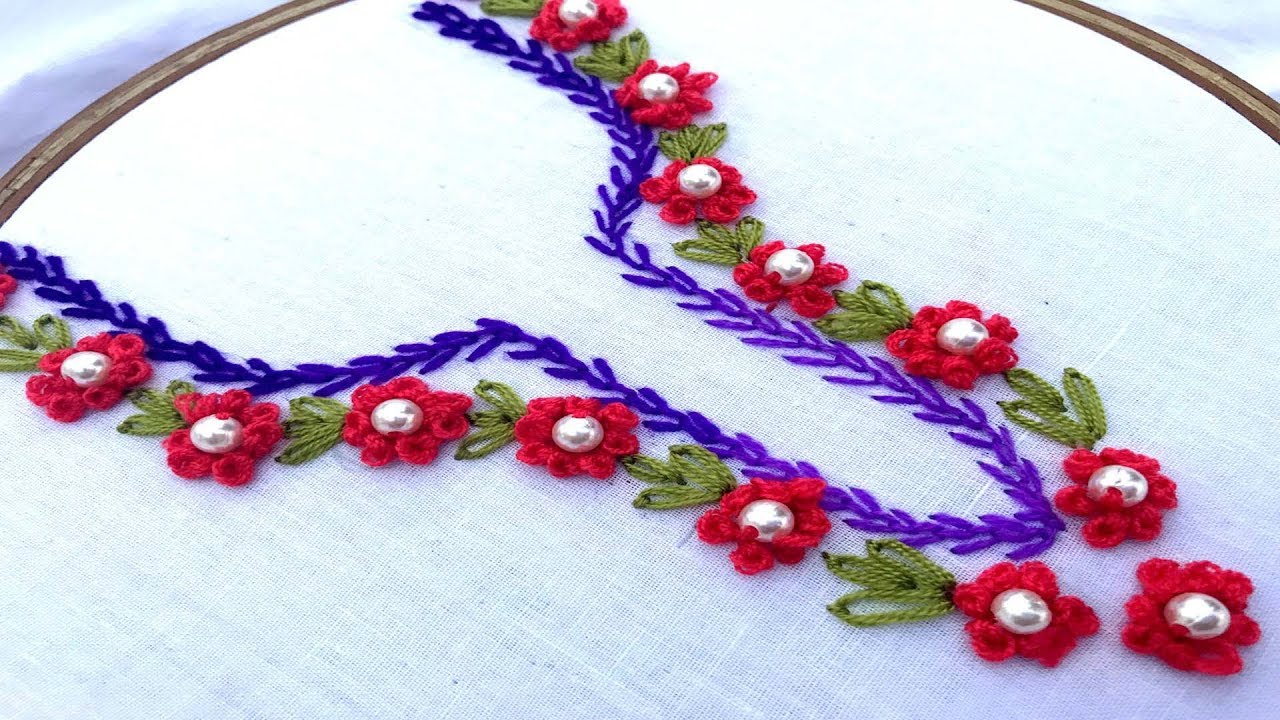 Hand Embroidery Ring Knot Stitch Neck Design For Dress Blouse