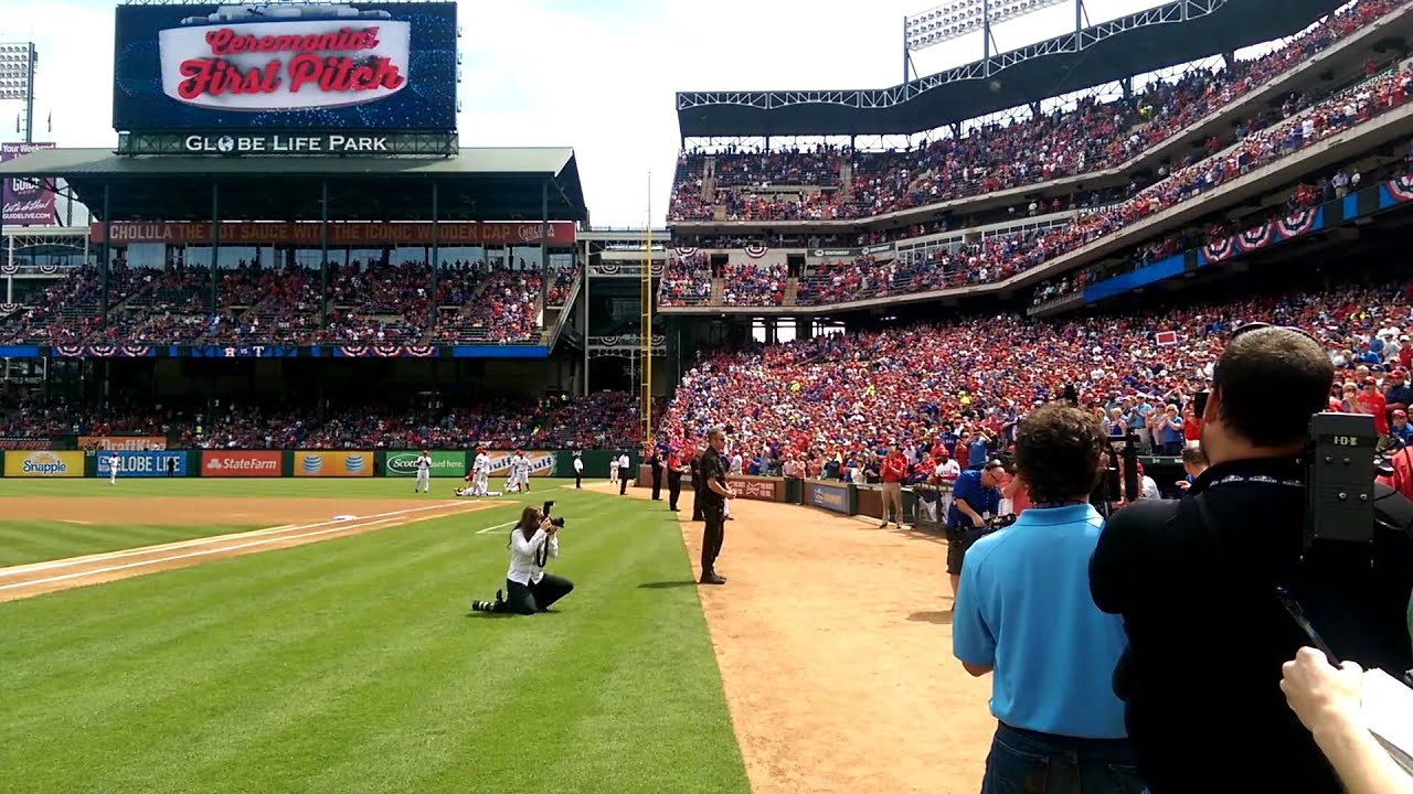 First pitch thrown by Staff Sergeant Nicholas Bradley w/ Pres. Bush