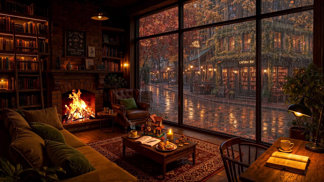 Rainy Fall Evening Jazz 🌧️☕ Cozy Library Room Music for Work, Reading & Sleep