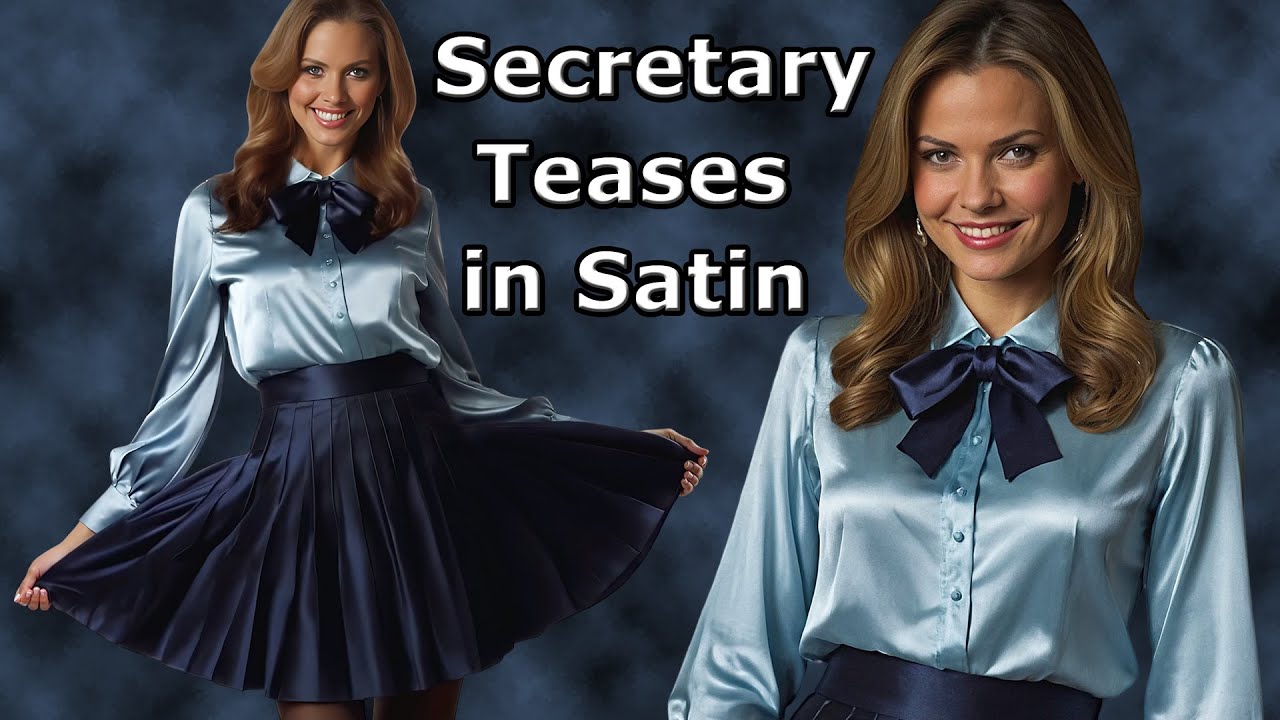 Glamorous Dancer in Icy-Blue Shiny Satin Blouse with Pretty Bow and Navy-Blue Pleated Satin Skirt