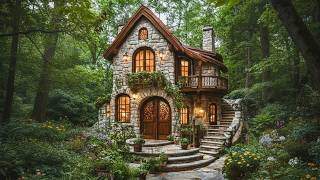 Step Inside This Cozy Forest Stone Cottage | Warm Interiors & Relaxing Night Ambience