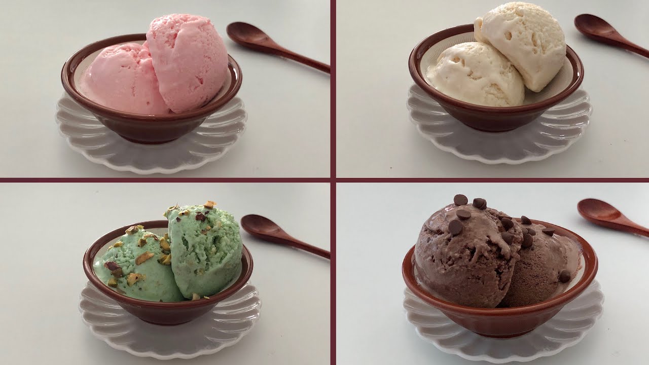 ئایس کرێم بە چوار تامی جیاواز بەبێ شیری خەست و کرێم شانتی و بەکەرەستەیەکی کەم، خواردنی خۆش/ آيس كريم