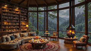 Cozy Alpine Bookroom Jazz 🌲 Soft Jazz Music with Firelight and Mountain Views for Study