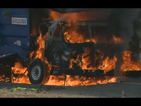 Garbage Truck Fire: Garbage truck explodes into flames on Highway 4 off-ramp
