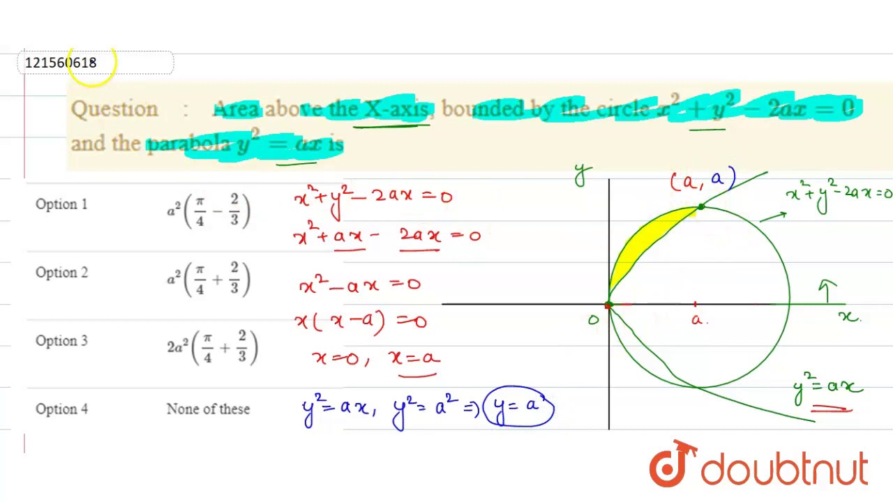 Area Above The X Axis Bounded By The Circle X 2 Y 2 2ax 0 And The Parabola Y 2 Ax Is Youtube