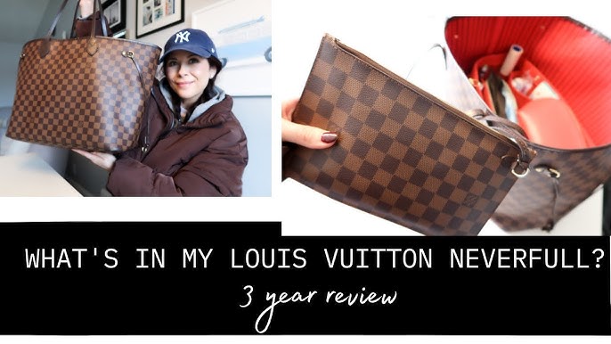 Classic Style / What's Inside My Louis Vuitton Damier Ebene Neverfull MM;  Pink Sweater Set, Brown Skirt OOTD / Fashion Over 40, 50 – JLJ Back To  Classic/