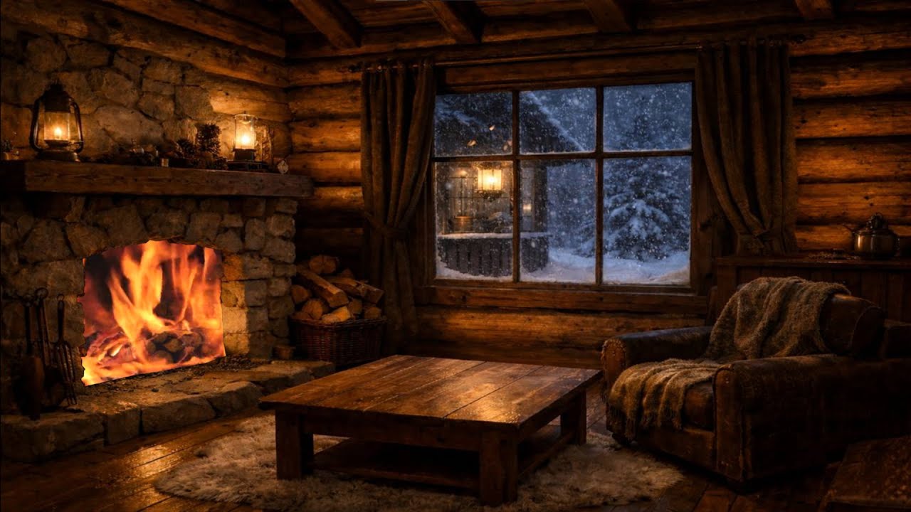 Cozy Winter Cabin Ambience ️ Silent Fireplace Glow & Falling Snow ...