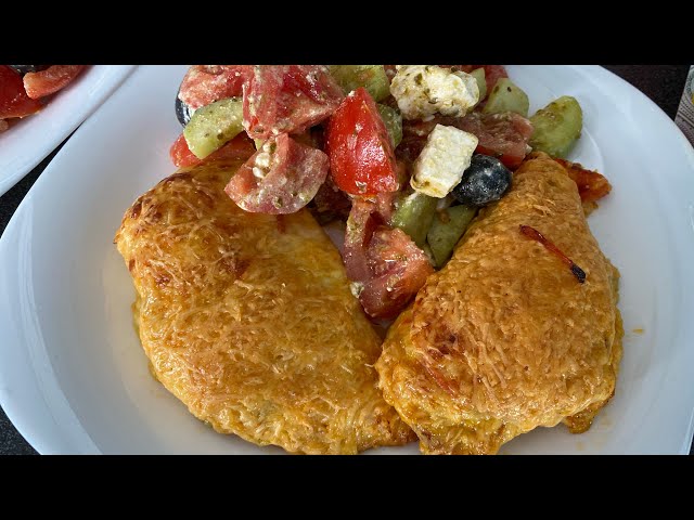 High protein pre workout meal chicken with mozzarella, parmesan and tomato with Greek salad class=