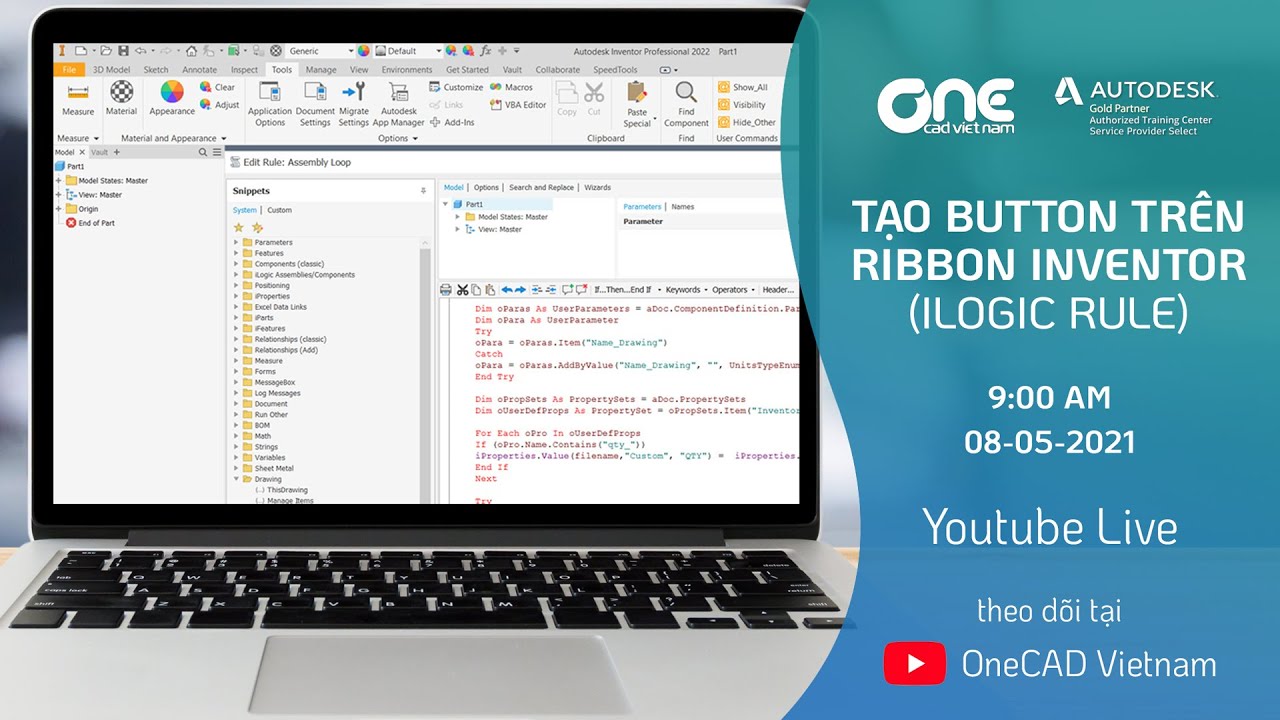 [Youtube Live] Tạo Button trên Ribbon Inventor với i-Logic Rule - YouTube