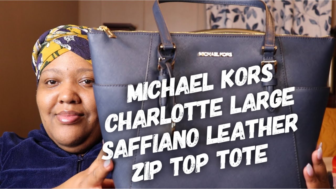 MUST SEE! MICHAEL KORS CHARLOTTE LARGE SAFFIANO LEATHER ZIP TOP TOTE NAVY 