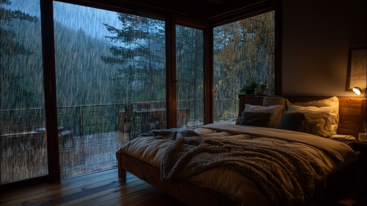 Нежный шум дождя в уютном домике в сосновом лесу 🌧️ Угловое окно для крепкого сна