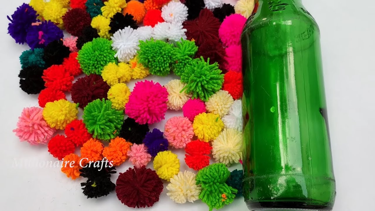 How To Make Bottle Craft Pom pom Decoration Ideas Glass Bottles