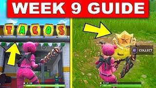 Fortnite Week 9 Challenges Guide Search Between Movie Les, 3 Taco Locations Fortnite Season 4