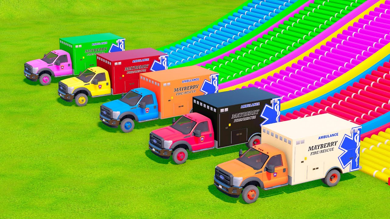 Double Flatbed Trailer Truck vs Speedbumps Train vs Cars Tractor vs ...