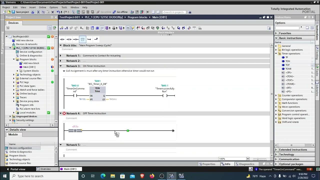 TIA portal ON Timer, OFF Timer, Pulse Generator Timer and Negative