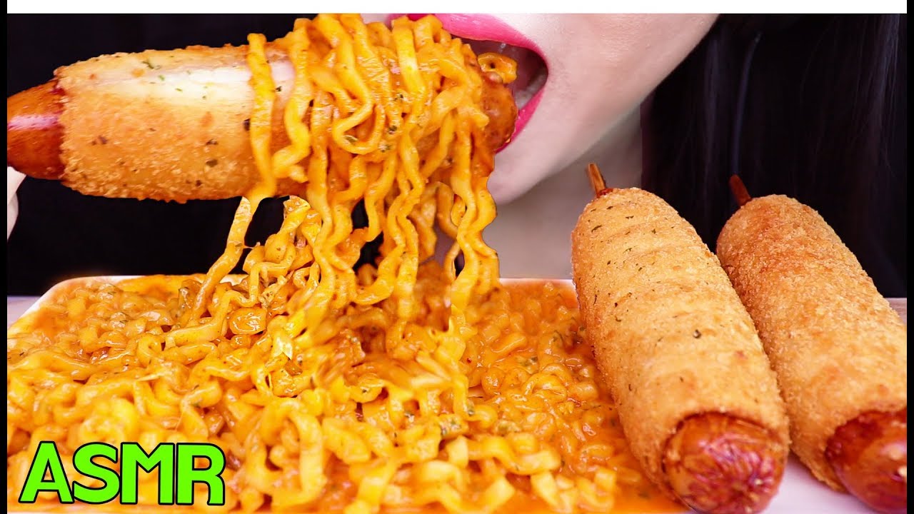 ASMR FIRE NOODLES + CORN DOG *BIG BITES* 불닭볶음면 + 핫도그 리얼사운드 먹방 (EATING SOUNDS) NO TALKING MUKBANG