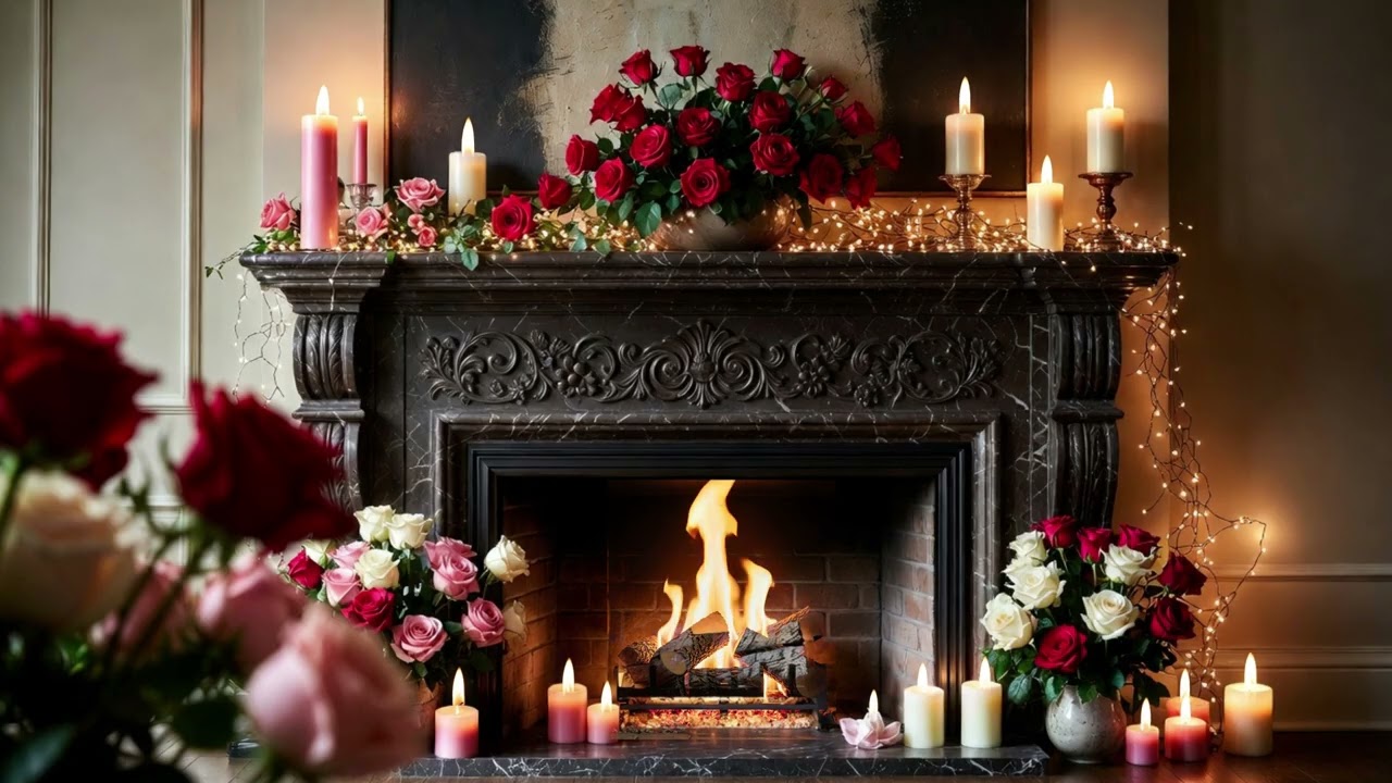 Romantic Valentine’s Day Fireplace Ambience ❤️Cozy, Calm piano music with Roses & Crackling Fire