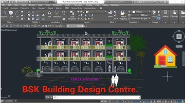 3 storey building Front elevation in AutoCAD 2D. | Slab | Simple view.