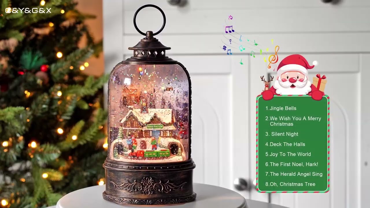 Snow Globe Lantern Lighted Train Station Musical Christmas Village Water Lantern in Swir