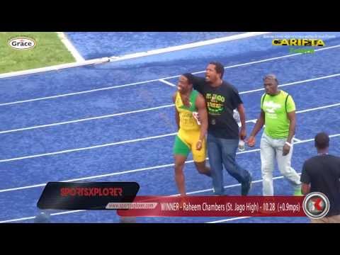 St.Jago's Raheem Chambers clocks 10.28 wins Boys U-18 100m FINAL - 2014 CARIFTA Trials - SX