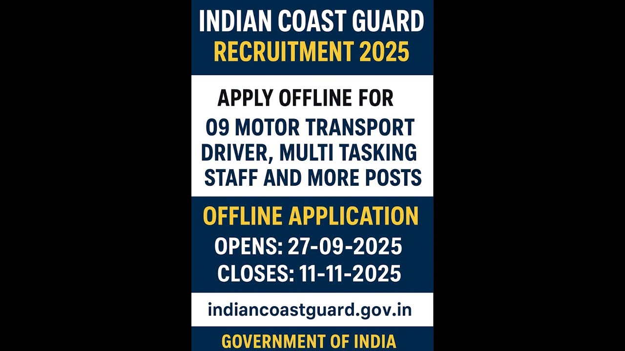 Indian Coast Guard Recruitment 2025 - Apply Offline for 09 Motor Transport Driver, MTS & More Posts