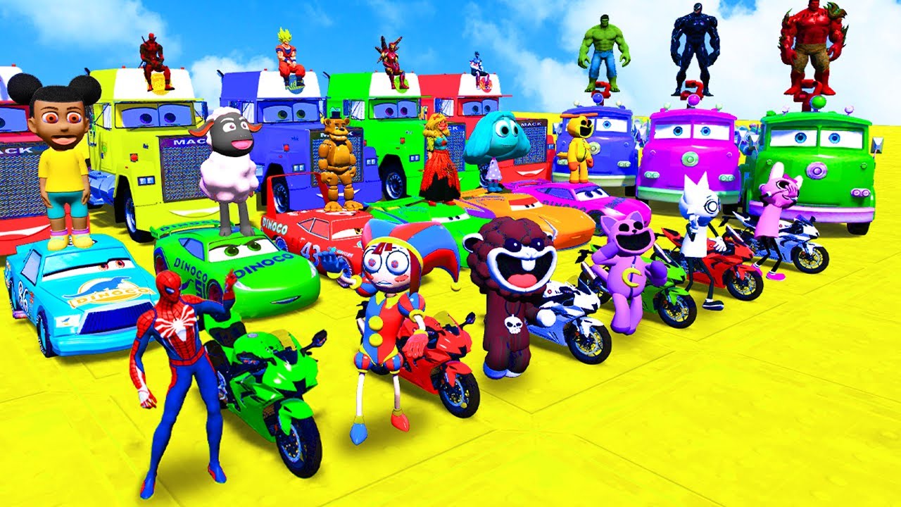 GTA V SPIDER-MAN 2 and HULK, POPPY PLAYTIME Join in the Epic New Stunt Racing with McQueen Cars