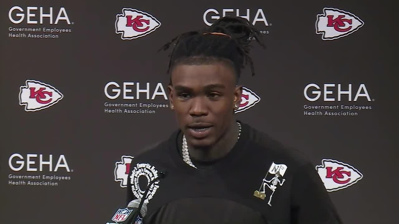 Wide receiver Rashee Rice talks after Chiefs victory over the Raiders ...