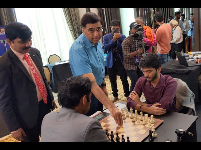 Vishy Anand makes the inaugural first move of Chennai Grand Masters 2023 on  D Gukesh and Arjun Erigaisi's board 📷Shahid Ahmed #Chess…