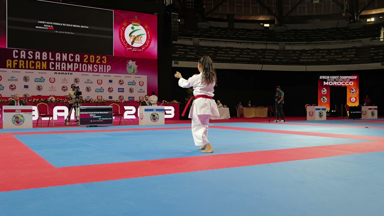 Final medal bout with NZAQ KHOULOUD (MOROCCO) vs ABDELAZIZ LAMIS (EGYPT) in Cadet Female Kata during 2023 UFAK championships in Casablanca (Morocco)