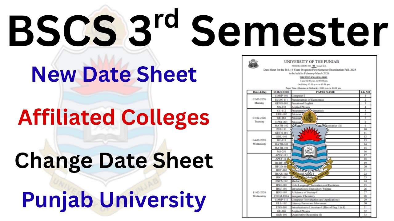 BSCS 3rd Semester Official Date Sheet 2026 | BSCS Affiliated Colleges | BSCS 3rd Semester PU