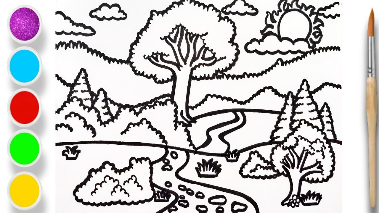 Spring season landscape drawing, Painting and colouring for beginners ...