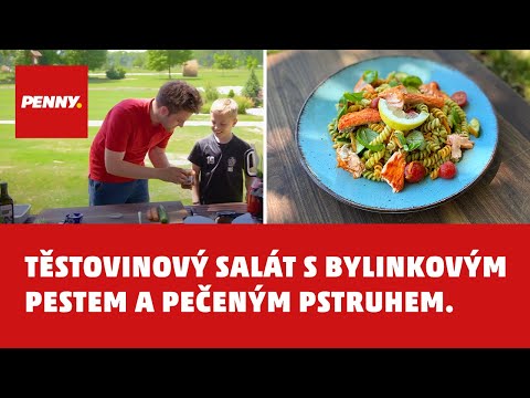 RECEPT – Těstovinový salát s bylinkovým pestem a pečeným pstruhem