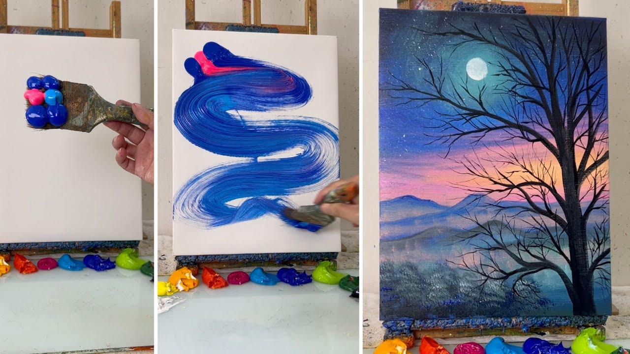 Relaxing Acrylic Painting | Night Landscape with Moonlight \u0026 Tree | Step by  Step Tutorial, image size:1280x720