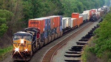 2 CSX Trains Meet Long Range View w Spirit of Waycross + Warbonnet