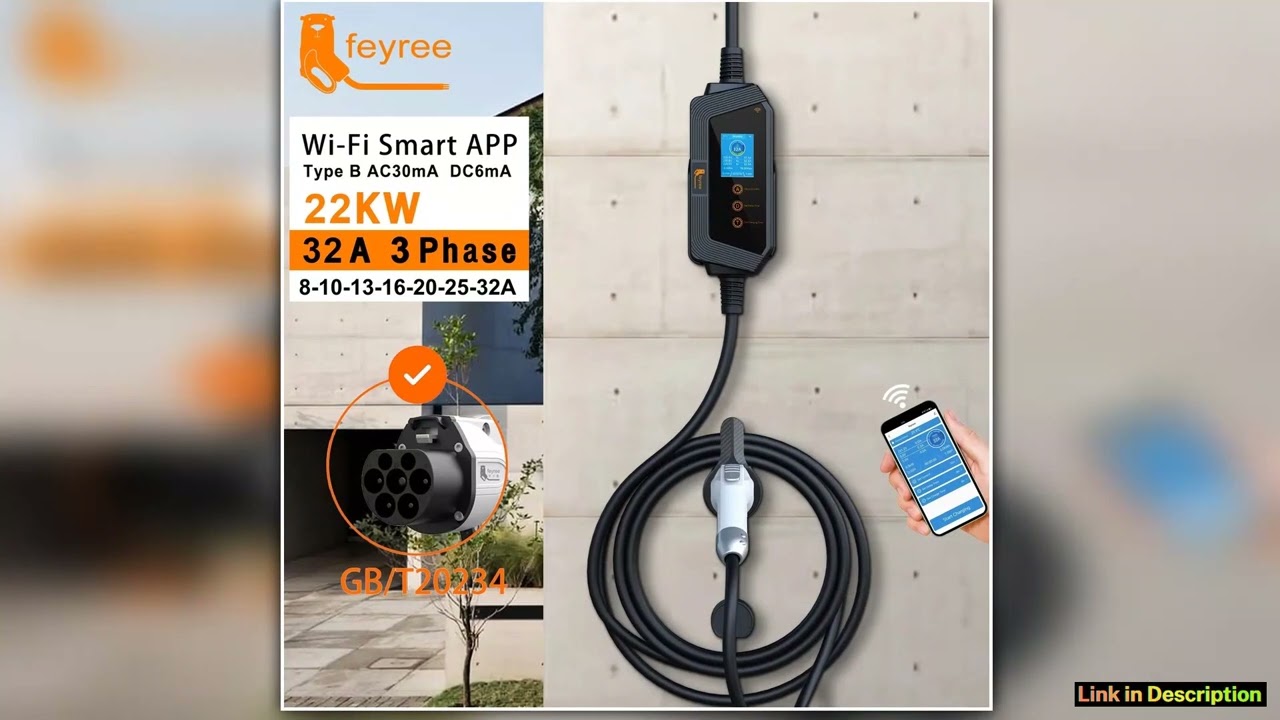 feyree Portable EV Charger GBT Plug 22KW 32A 3Phase EVSE Fast Charging WiFi Smart APP Control for