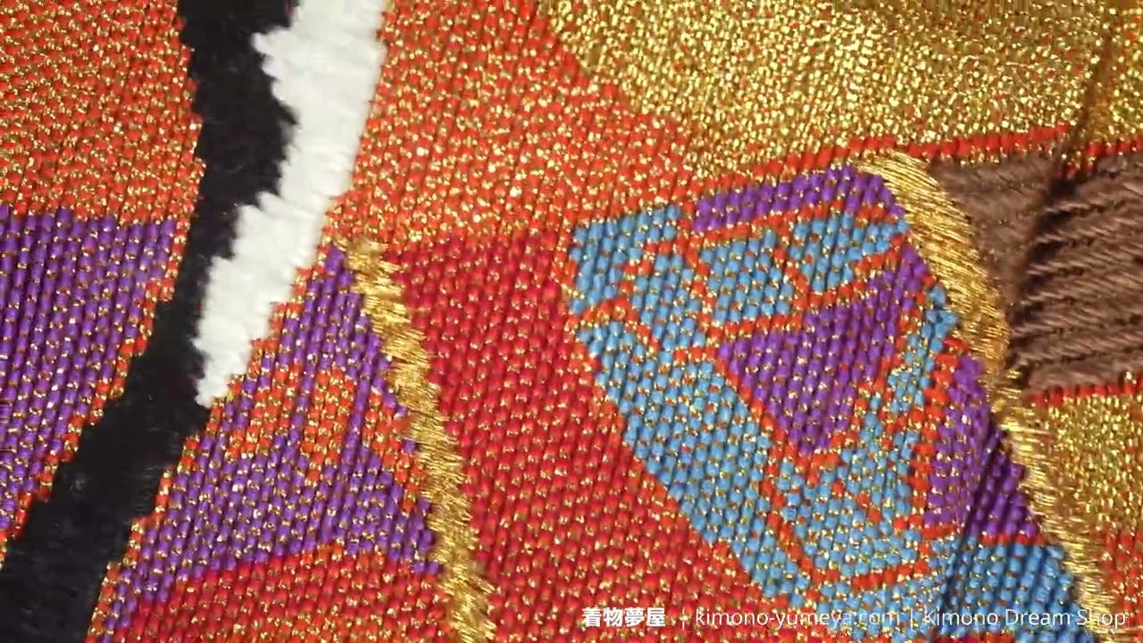 Vibrant Gold & Colorful Flowers Uchikake - Unique Antique-Paper Look - Embroidered Chrysanthemums