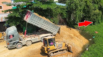 Incredibly! ​Perfect Use technique​ Operator Skills Bulldozer, Push Rock Stone into water