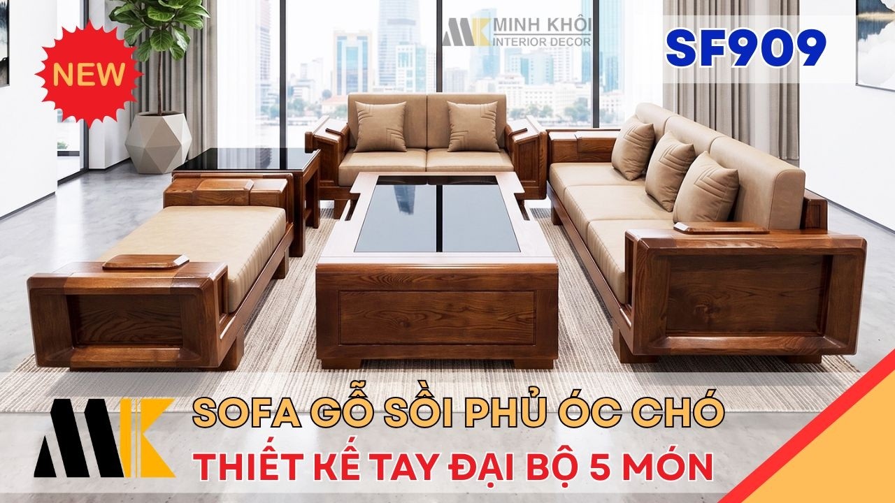Sofa Gỗ Sồi Màu Óc Chó Thiết Kế Tay Đại - SF909 | Minh Khôi