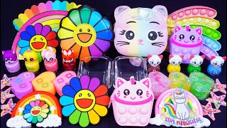 "Rainbow Flower VS Cat" Slime. Mixing Makeup into clear slime! Satisfying slime! 🌈ASMR🌈 #슬라임 (154)