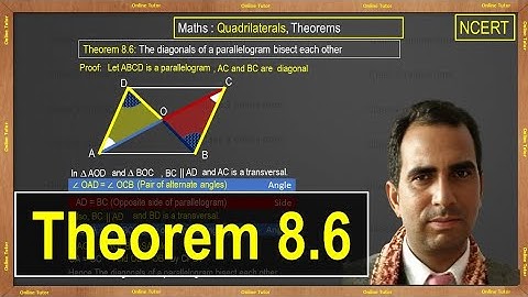 Theorem 8.6, Class 9 Math, quadrilaterals. The diagonals of a parallelogram bisect each other.